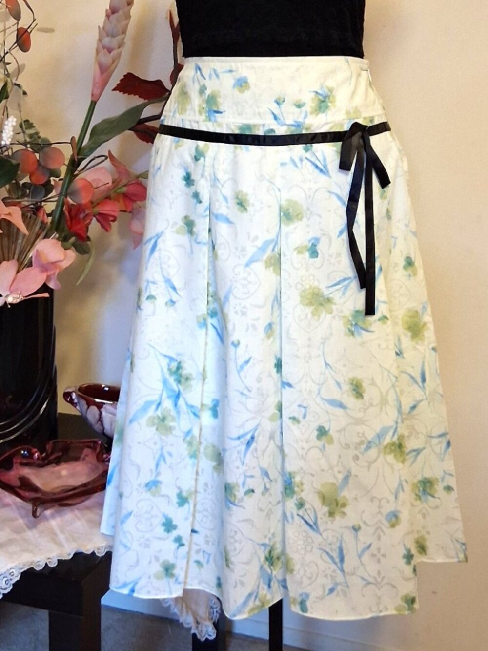 Floral Pleated Lined Midi Skirt A-Line Flared Quality Green Summer Skirts 12 - Picture 5 of 10